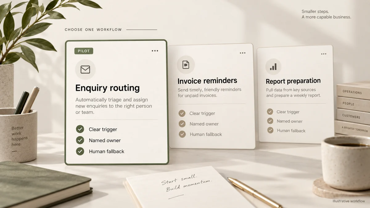 Enquiry routing selected as an automation pilot, with clear trigger, named owner and human fallback checks.